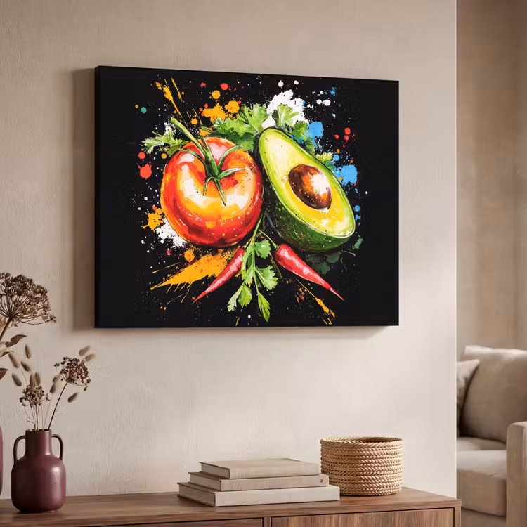 Tomaat - Avocado - Peper - Graffiti - Verf - Modern Textielframe - compleet frame klein -sfeer3