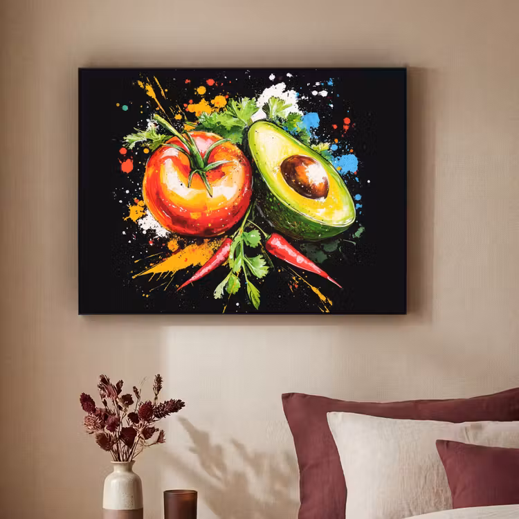 Tomaat - Avocado - Peper - Graffiti - Verf - Modern Textielframe zwart klein -sfeer1