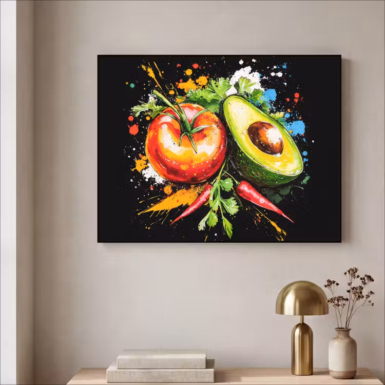 Tomaat - Avocado - Peper - Graffiti - Verf - Modern Textielframe - compleet frame klein -sfeer2