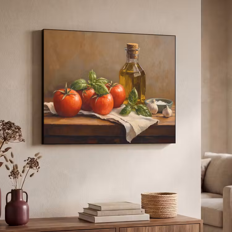 Tomaten - Olijfolie - Stilleven Textielframe zwart klein -sfeer3