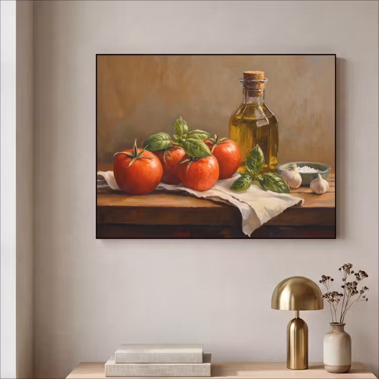 Tomaten - Olijfolie - Stilleven Textielframe zwart klein -sfeer2