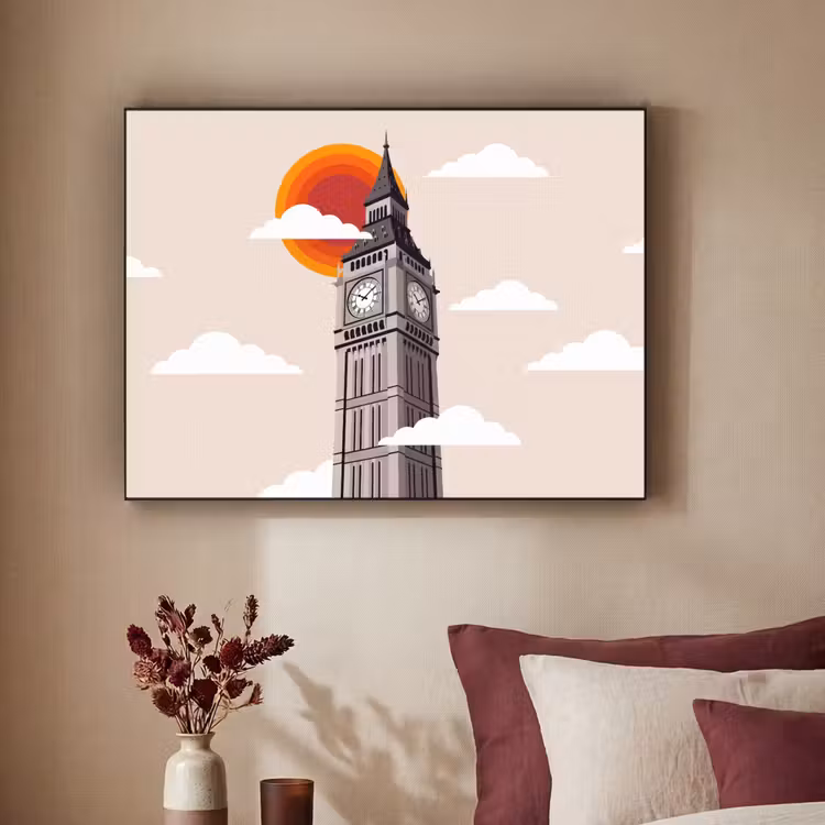 Toren - Klok - Londen - Architectuur - Retro Textielframe zwart klein -sfeer1