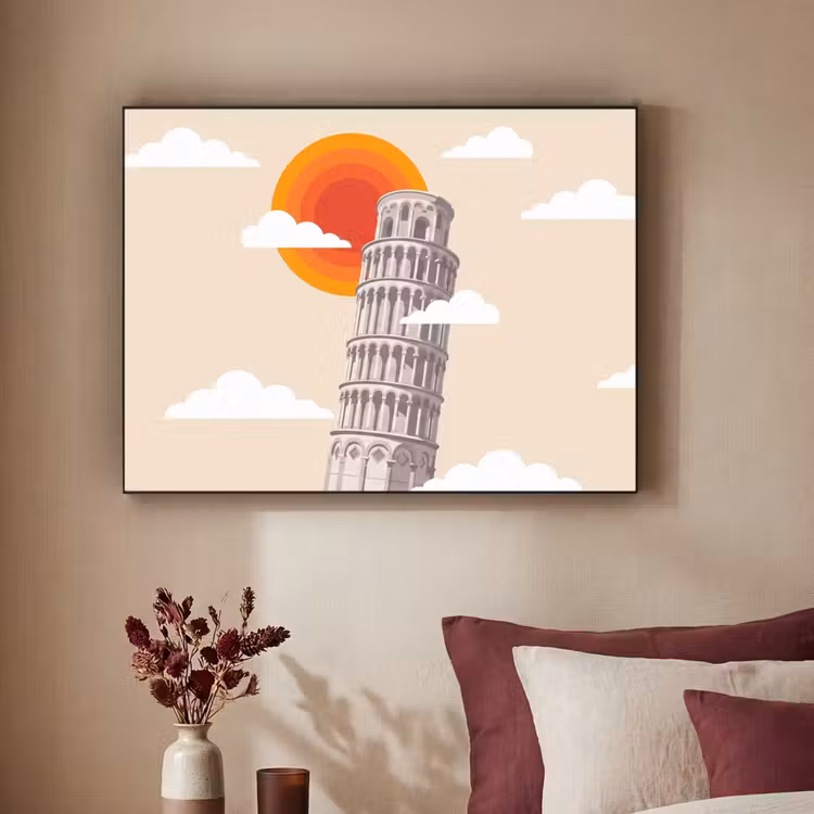 Toren - Pisa - Architectuur - Minimalistisch - Beige Textielframe zwart klein -sfeer1
