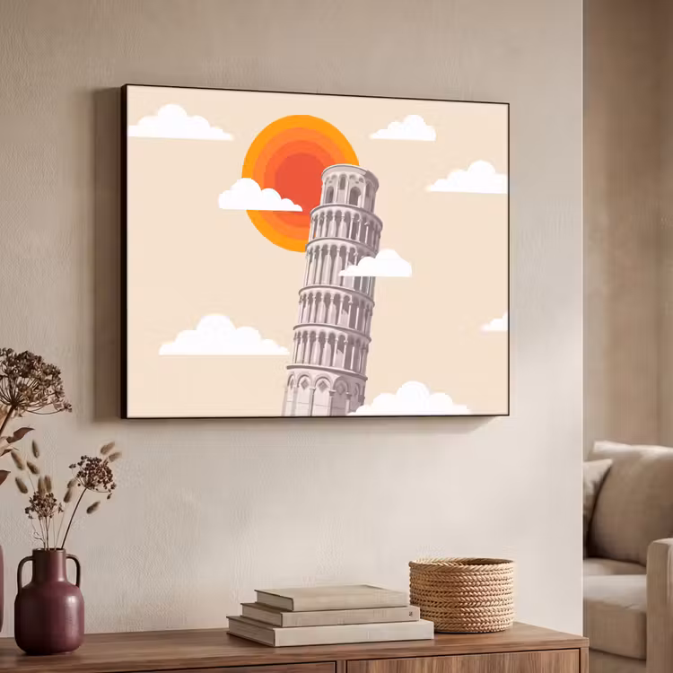 Toren - Pisa - Architectuur - Minimalistisch - Beige Textielframe zwart klein -sfeer3