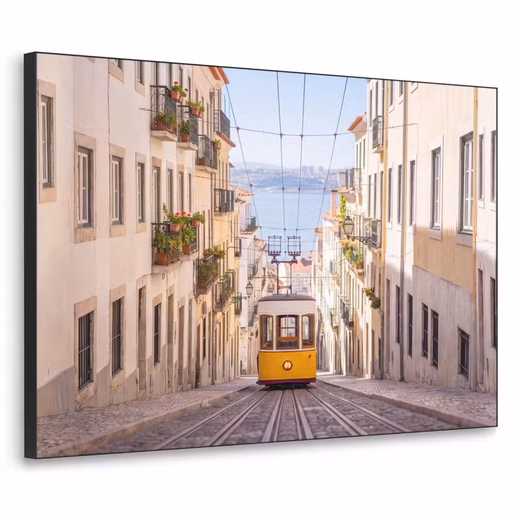 Tram - Straat - Stad - Architectuur - Geel Textielframe zwart klein -3d