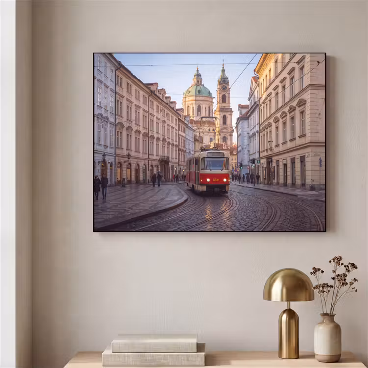 Tram - Straat - Stadsgezicht - Klassiek - Rood Textielframe zwart klein -sfeer2