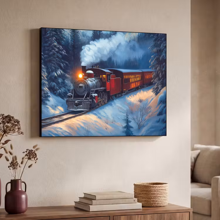 Trein - Kerst - Sneeuw - Kersttrein Textielframe zwart klein -sfeer3