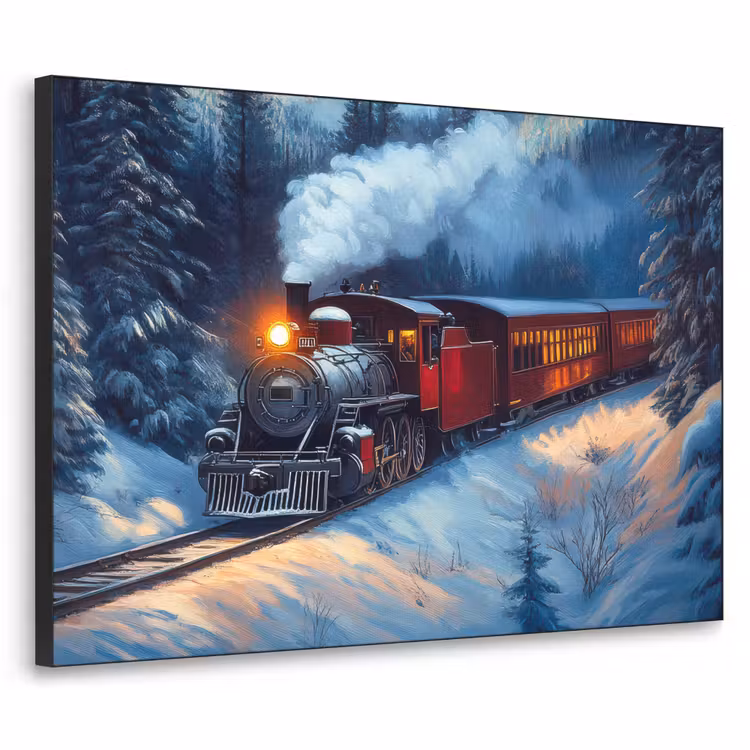 Trein - Kerst - Sneeuw - Kersttrein Textielframe zwart klein -3d