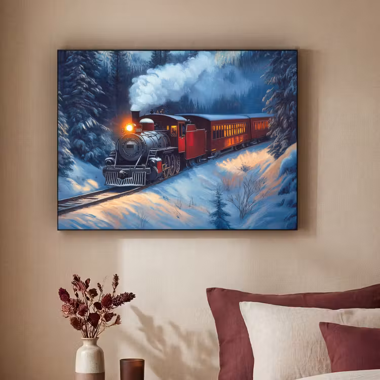 Trein - Kerst - Sneeuw - Kersttrein Textielframe zwart klein -sfeer1