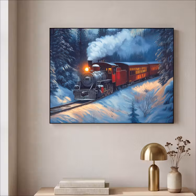 Trein - Kerst - Sneeuw - Kersttrein Textielframe - compleet frame klein -sfeer2