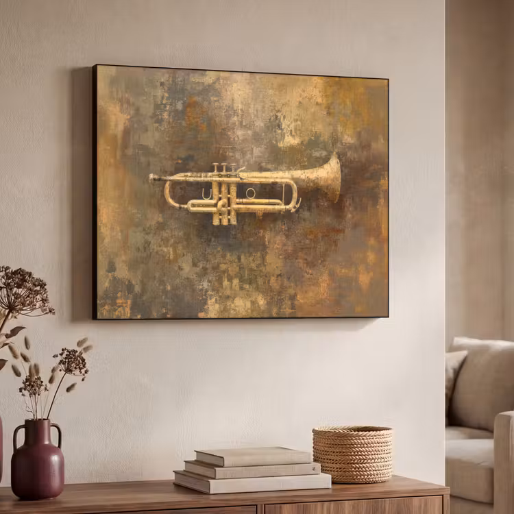 Trompet - Geel - Muzikaal Textielframe zwart klein -sfeer3