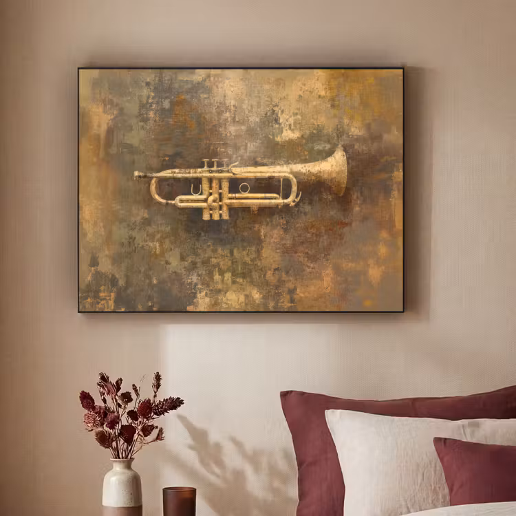 Trompet - Geel - Muzikaal Textielframe zwart klein -sfeer1