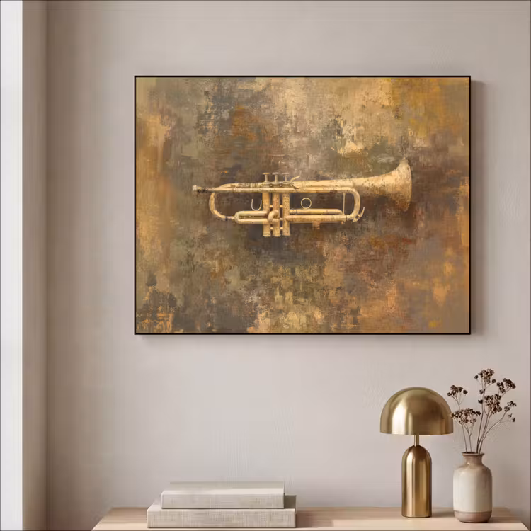 Trompet - Geel - Muzikaal Textielframe - compleet frame klein -sfeer2