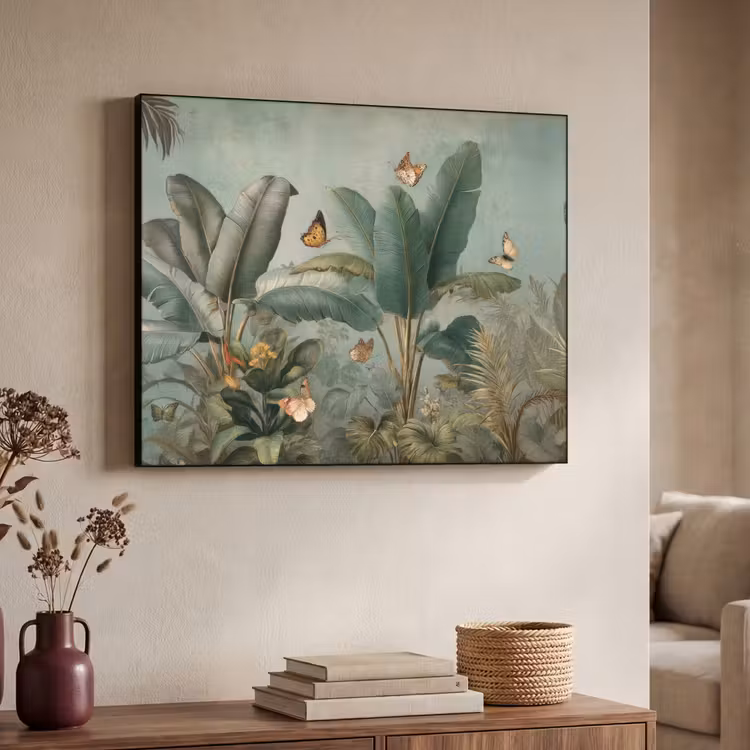 Tropisch bladerdek - Vlinders - groen - Bruin Textielframe - compleet frame klein -sfeer3