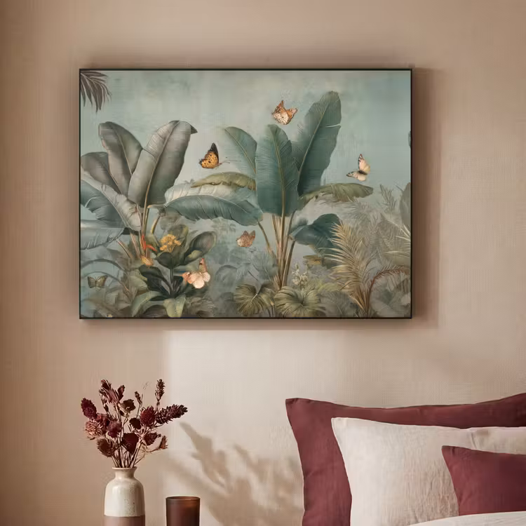 Tropisch bladerdek - Vlinders - groen - Bruin Textielframe - compleet frame klein -sfeer1