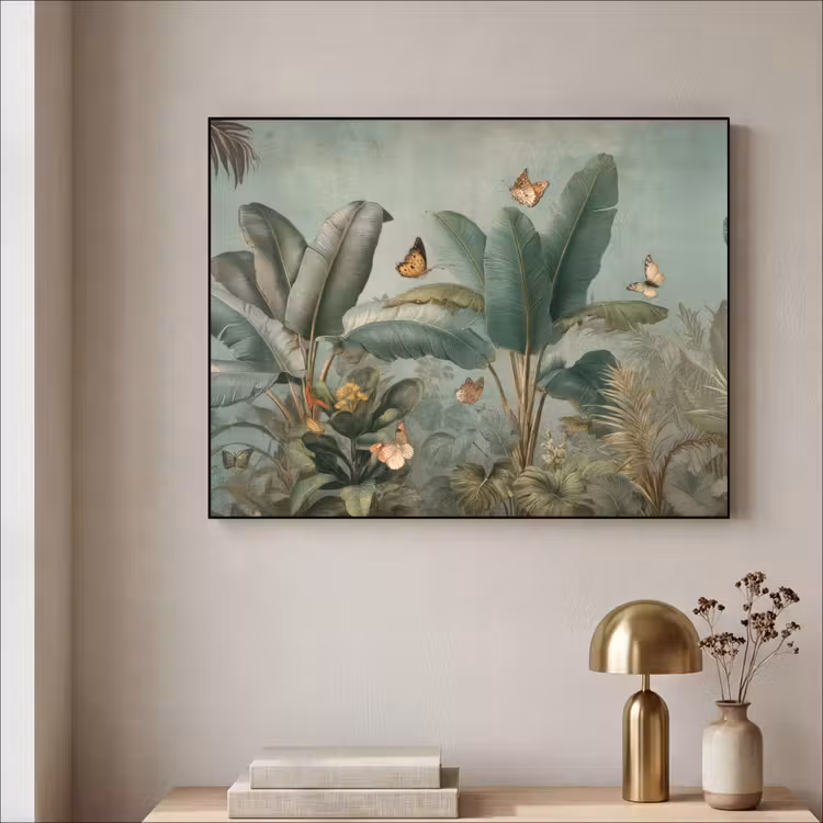Tropisch bladerdek - Vlinders - groen - Bruin Textielframe zwart klein -sfeer2