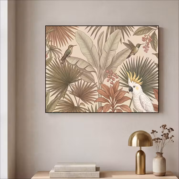Tropisch - Vogels - Beige Textielframe zwart klein -sfeer2