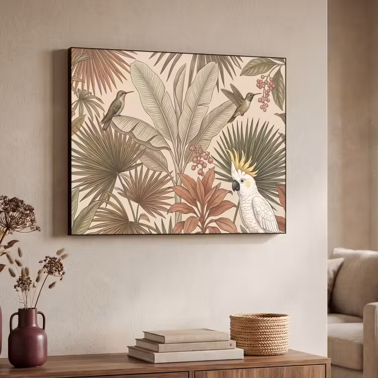 Tropisch - Vogels - Beige Textielframe zwart klein -sfeer3
