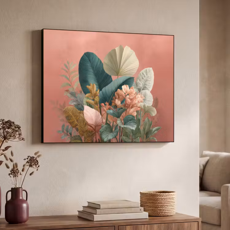 Tropische bladeren - Bloemen - Roze - groen Textielframe zwart klein -sfeer3