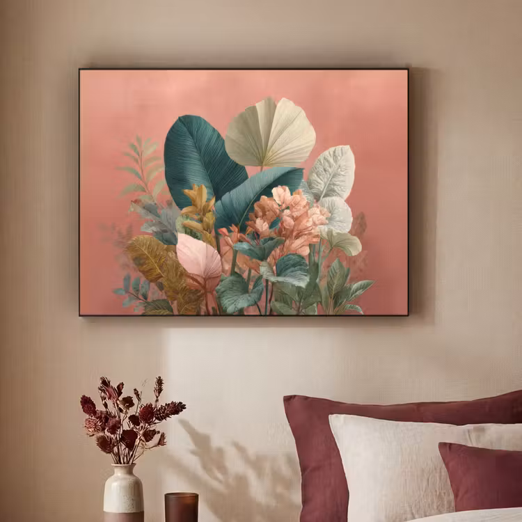 Tropische bladeren - Bloemen - Roze - groen Textielframe - compleet frame klein -sfeer1