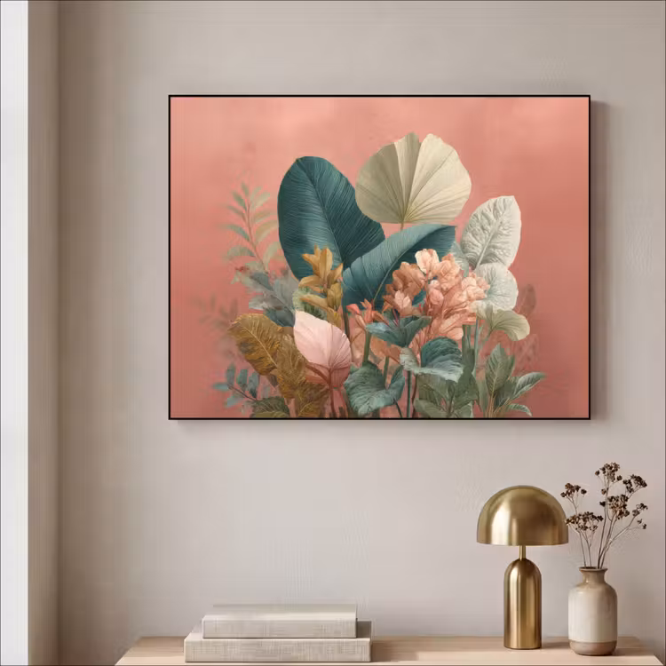 Tropische bladeren - Bloemen - Roze - groen Textielframe - compleet frame klein -sfeer2