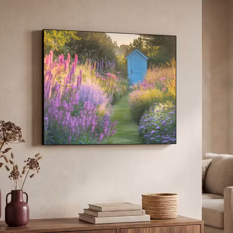 Tuinhuisje - Blauw - Bloemen Textielframe - compleet frame klein -sfeer3