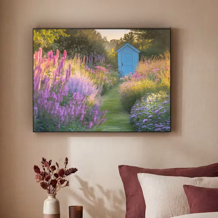 Tuinhuisje - Blauw - Bloemen Textielframe - compleet frame klein -sfeer1