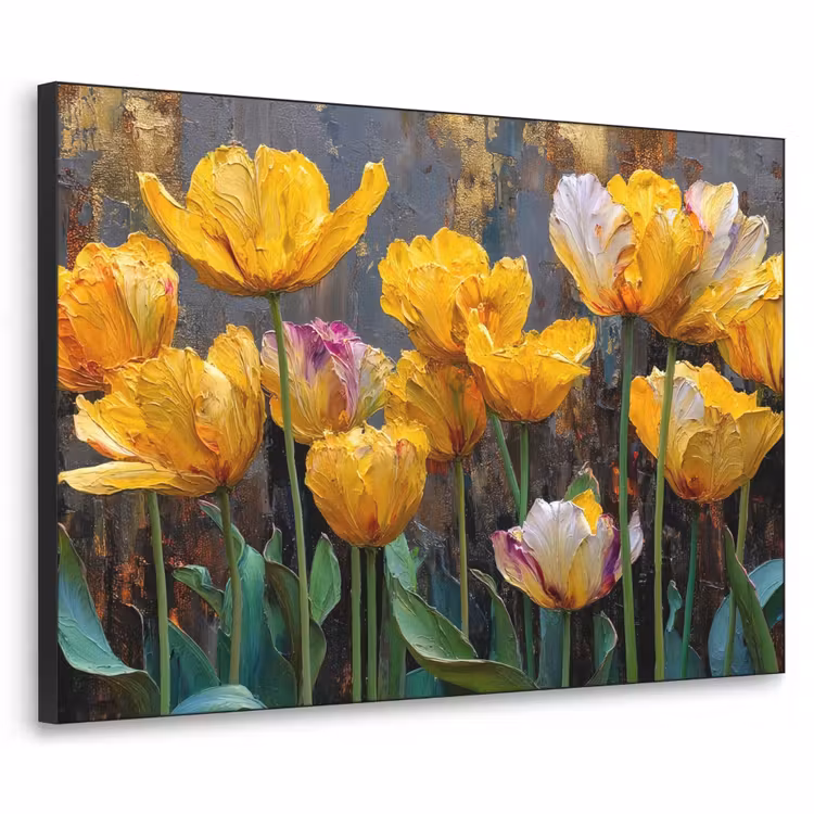 Tulpen - Geel - Penseelstreken - Abstract Textielframe - compleet frame klein -3d