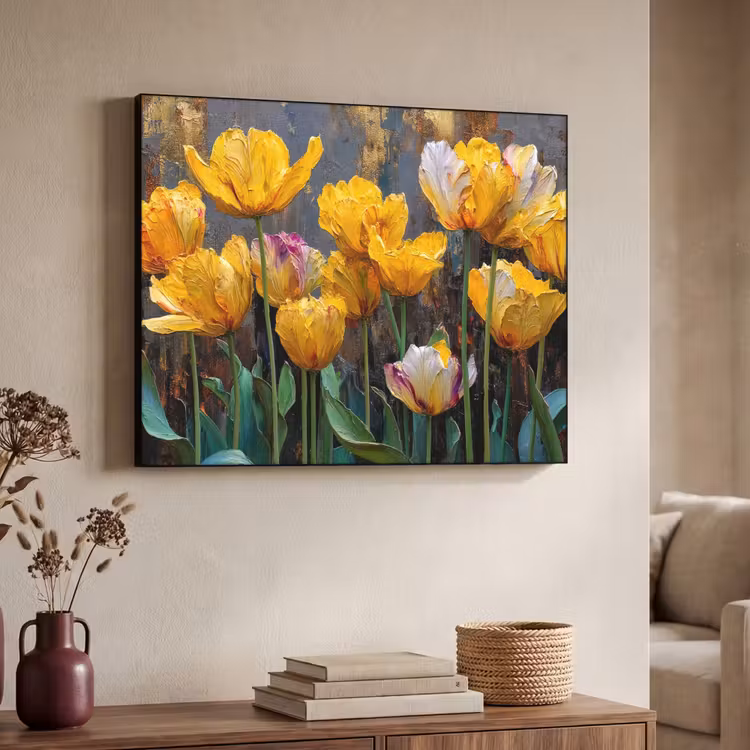 Tulpen - Geel - Penseelstreken - Abstract Textielframe zwart klein -sfeer3