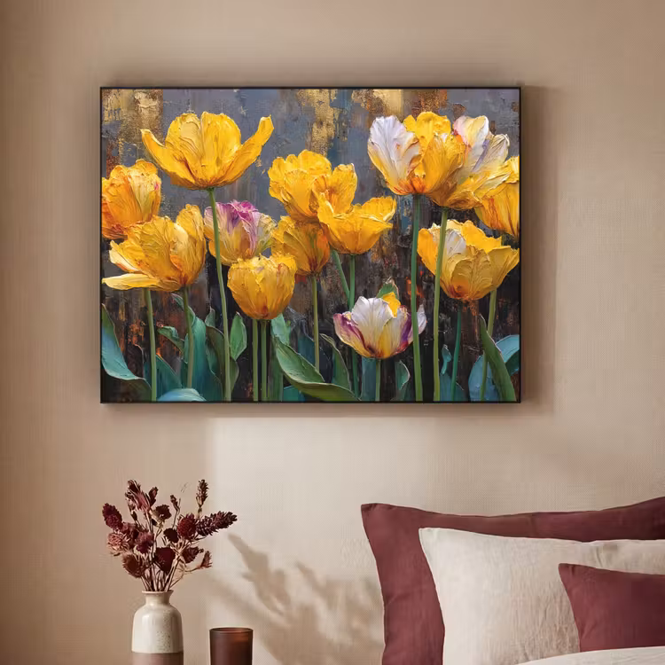 Tulpen - Geel - Penseelstreken - Abstract Textielframe zwart klein -sfeer1