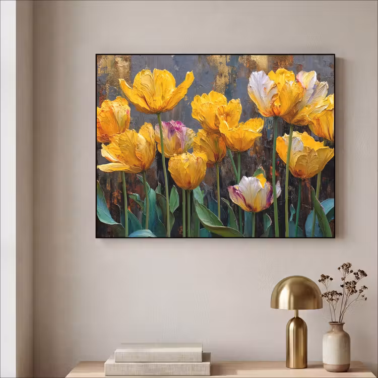 Tulpen - Geel - Penseelstreken - Abstract Textielframe - compleet frame klein -sfeer2