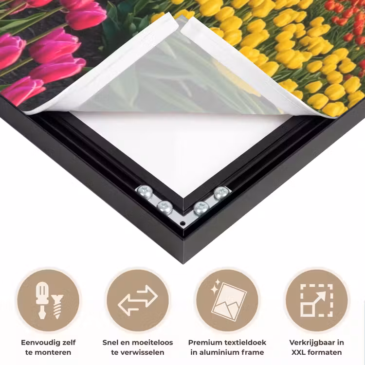 Tulpen - Holland - Molen - Kleurrijk Textielframe zwart klein -USP_closeupNL