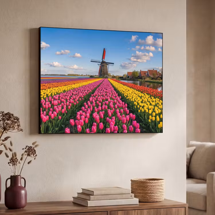 Tulpen - Holland - Molen - Kleurrijk Textielframe zwart klein -sfeer3