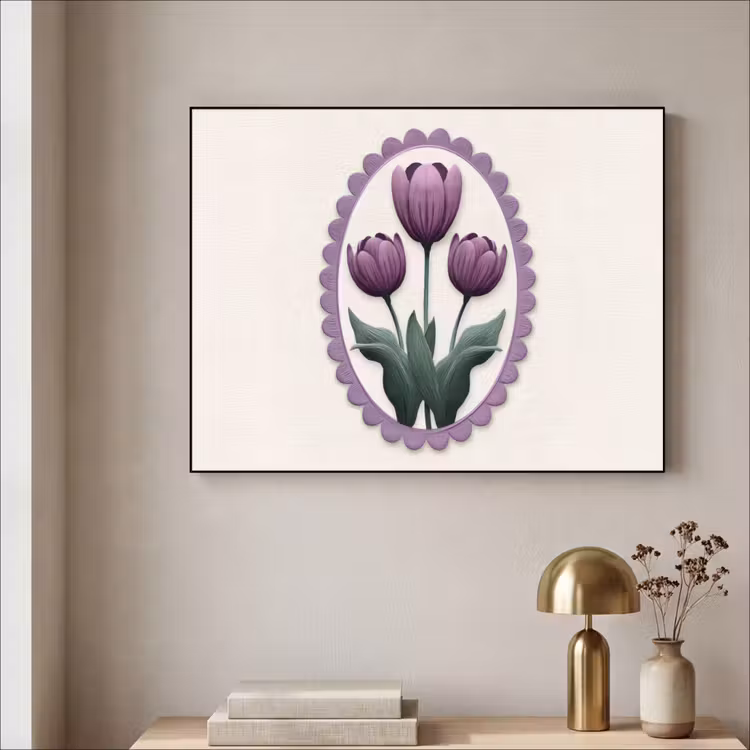 Tulpen - Paars - Lijst - Bladeren Textielframe - compleet frame klein -sfeer2