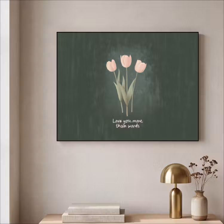 Tulpen - Roze - Tekst - Love Textielframe zwart klein -sfeer2