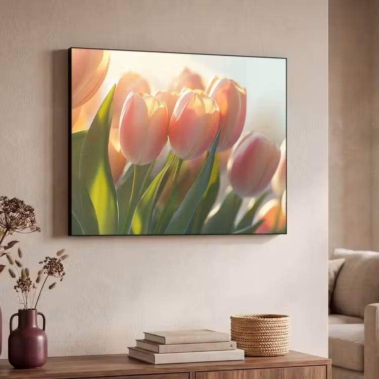 Tulpen - Roze - Zonnestralen Textielframe zwart klein -sfeer3