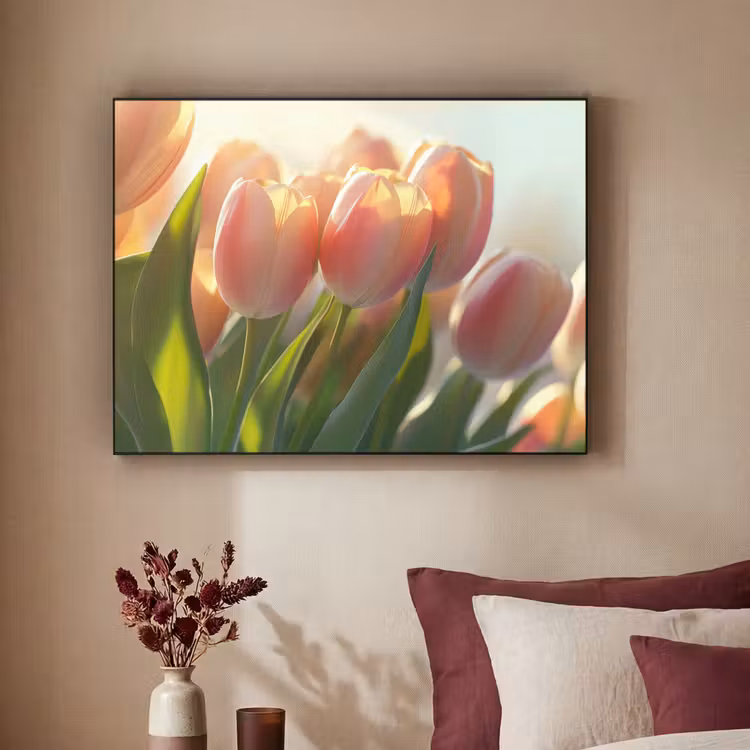 Tulpen - Roze - Zonnestralen Textielframe - compleet frame klein -sfeer1