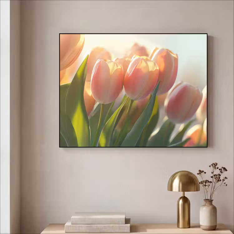 Tulpen - Roze - Zonnestralen Textielframe - compleet frame klein -sfeer2