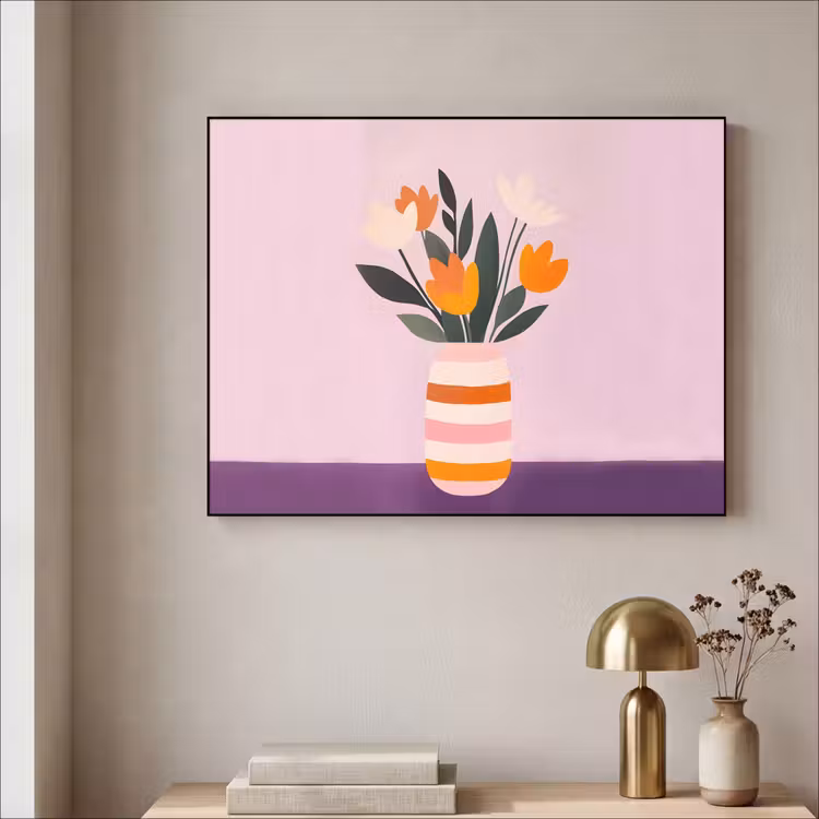 Tulpen - Vaas - Strepen - Paars Textielframe zwart klein -sfeer2