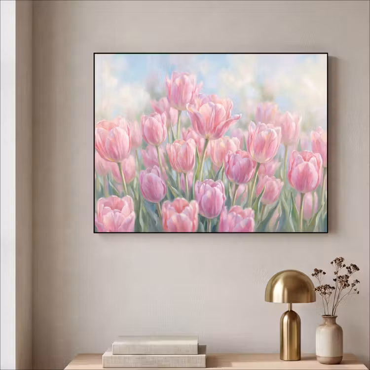 Tulpen - Veld - Lente - Roze Textielframe zwart klein -sfeer2