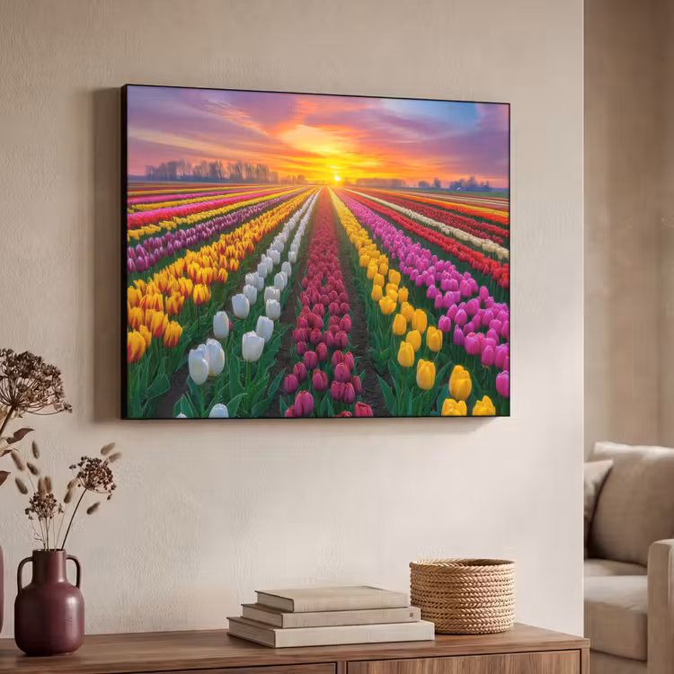 Tulpenveld - Zonsondergang - Kleurrijk Textielframe zwart klein -sfeer3