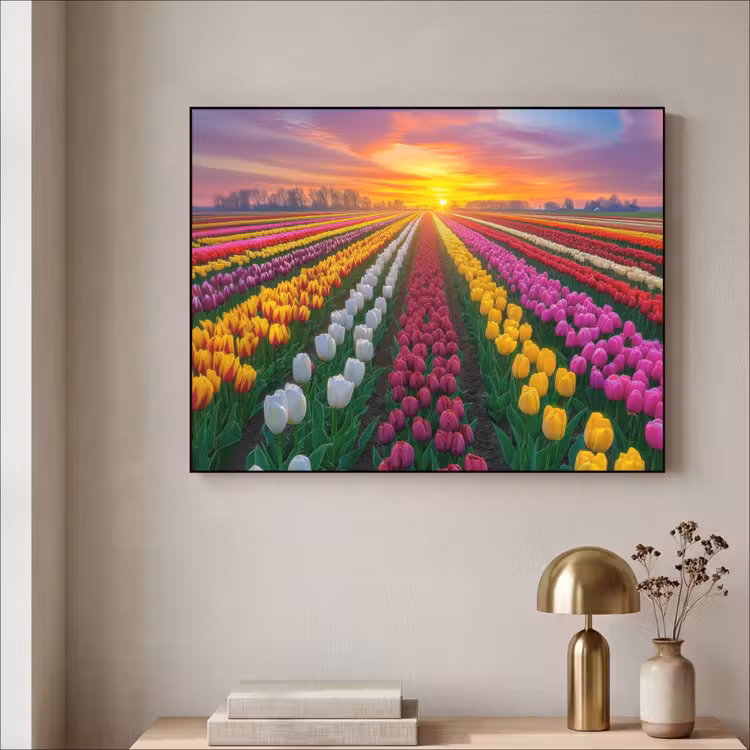 Tulpenveld - Zonsondergang - Kleurrijk Textielframe - compleet frame klein -sfeer2