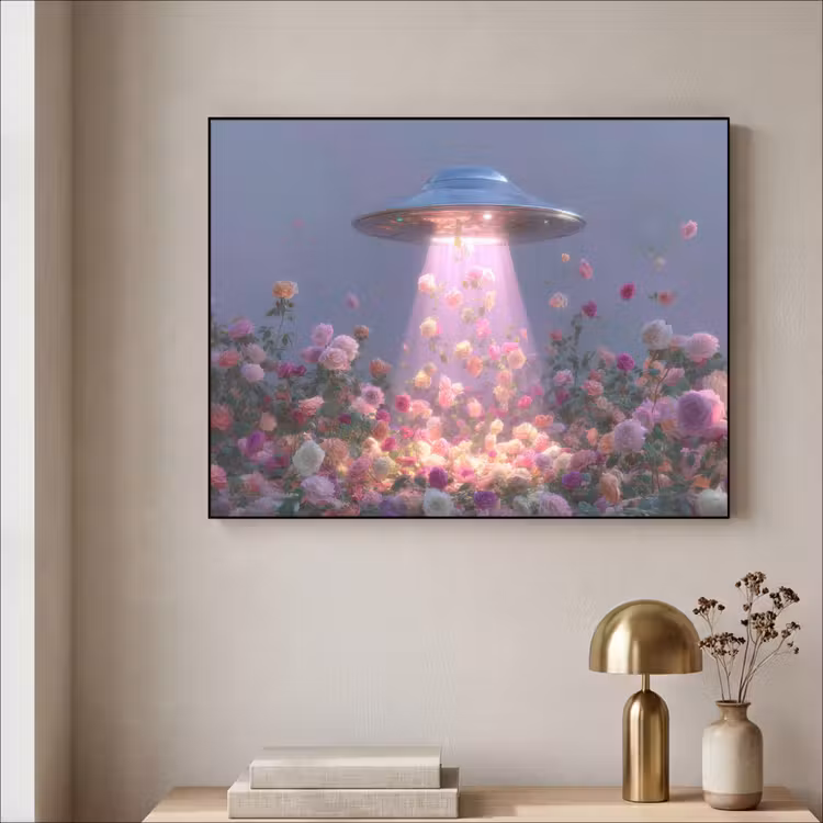 Ufo - Rozen - Pastelkleuren Textielframe zwart klein -sfeer2