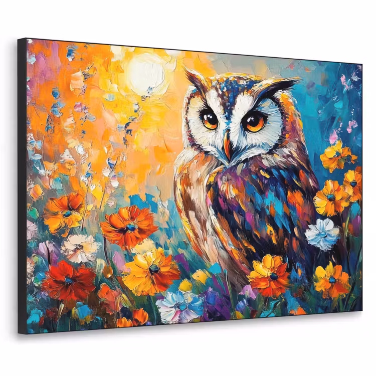 Uil - Bloemen - Kunst - Zonsondergang Textielframe - compleet frame klein -3d