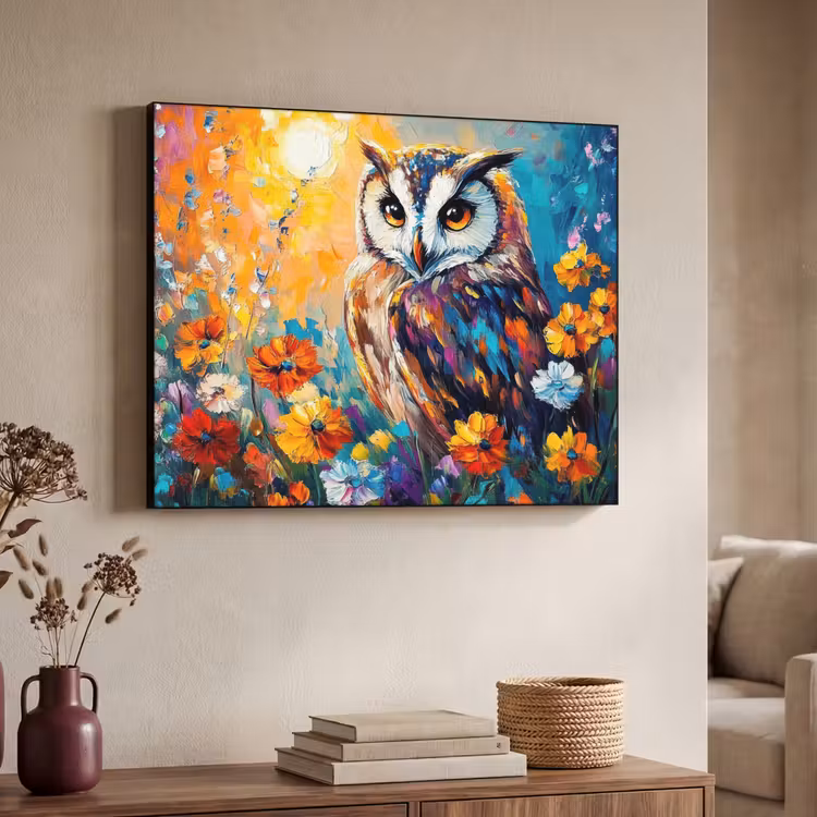 Uil - Bloemen - Kunst - Zonsondergang Textielframe zwart klein -sfeer3