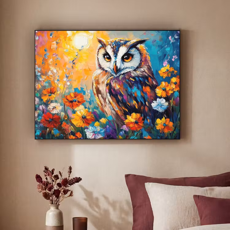 Uil - Bloemen - Kunst - Zonsondergang Textielframe zwart klein -sfeer1
