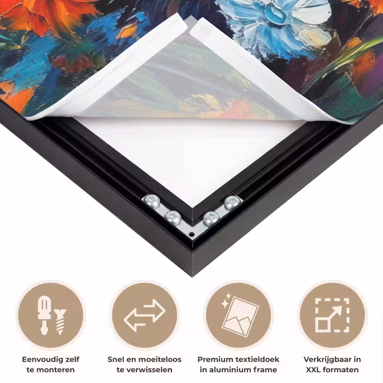 Uil - Bloemen - Kunst - Zonsondergang Textielframe zwart klein -USP_closeupNL