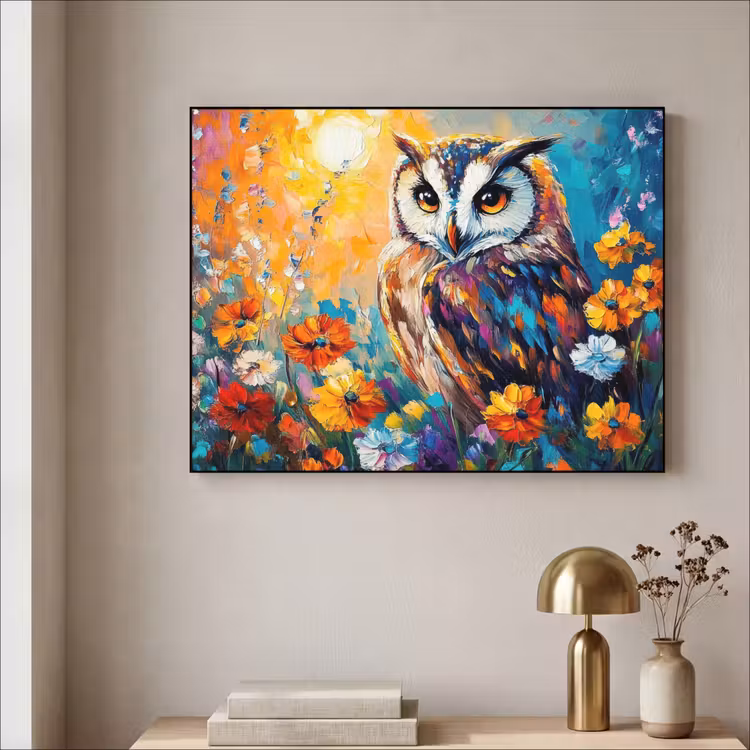 Uil - Bloemen - Kunst - Zonsondergang Textielframe zwart klein -sfeer2