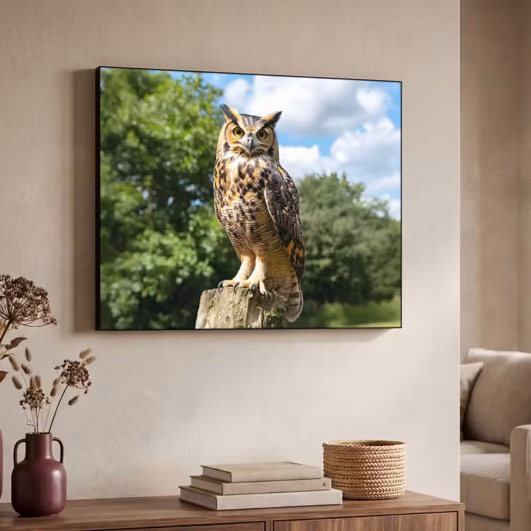 Uil - Boomstronk - Bos - Lucht Textielframe zwart klein -sfeer3