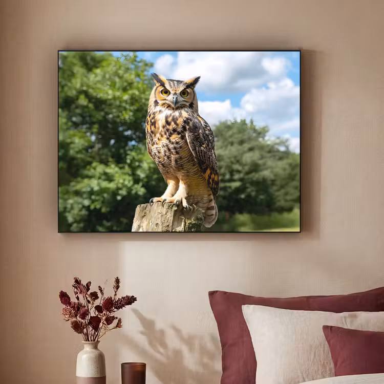 Uil - Boomstronk - Bos - Lucht Textielframe zwart klein -sfeer1